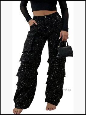Rhinestone Cargo High Waisted Straight Leg Jeans with Glitter